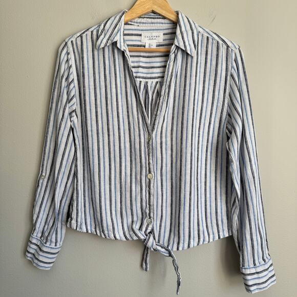 Calypso St. Barth Tops - Calypso St Barth Top Large Linen Front Tie Cropped Beachy Nautical Preppy